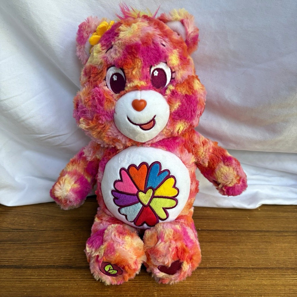 Care Bears Flower Power Bear Plush 12" Multicolor Pink Orange Rainbow Hearts